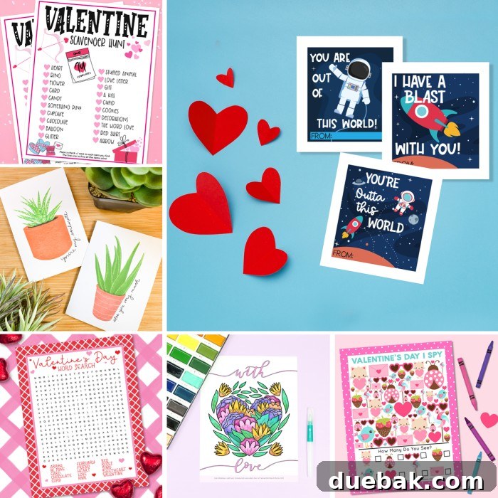 A collage image showcasing various free printable valentines day cards and activities from different creators.
