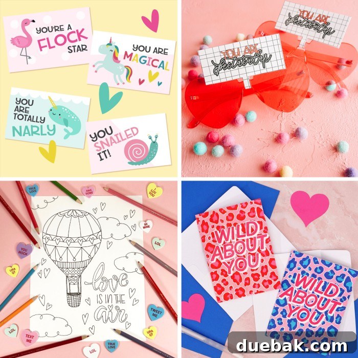 A fourth collage image featuring diverse designs of free printable valentines day cards.