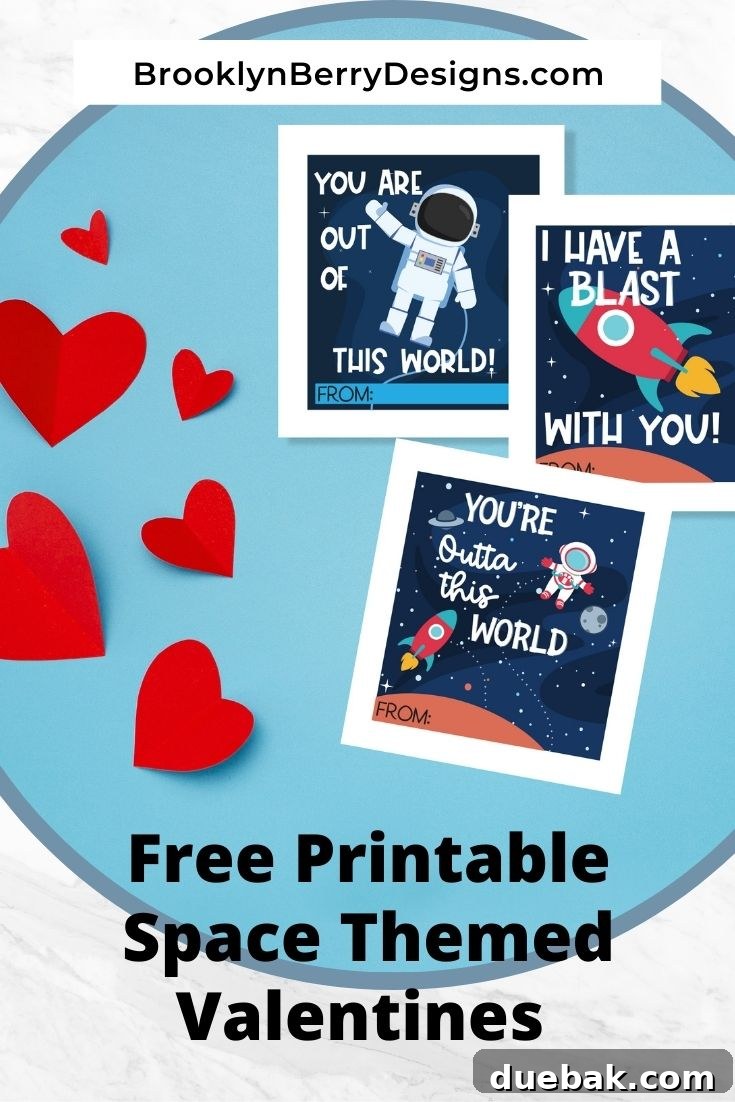Vertical shot of cut out paper hearts and paper with space themed valentines cards, perfect for Pinterest.