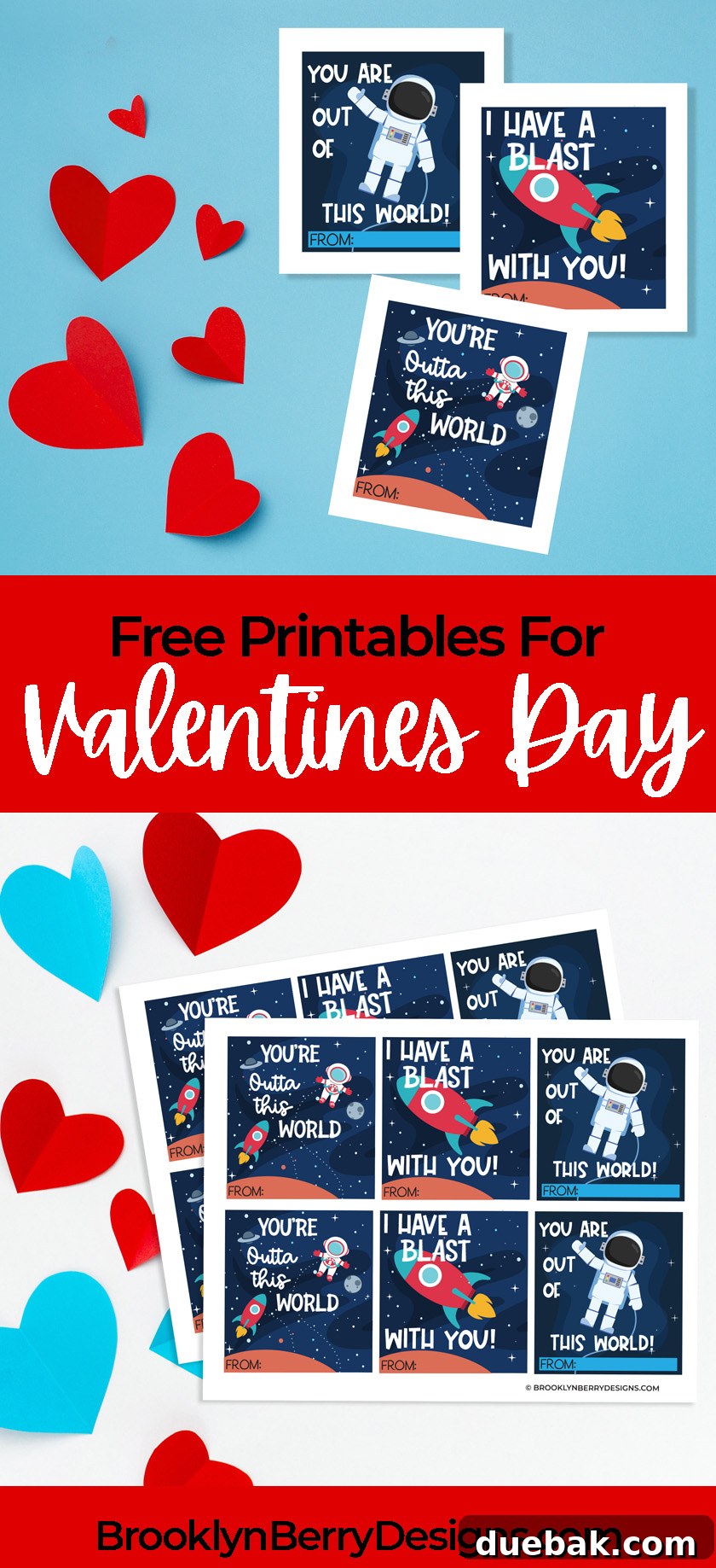 Another vertical shot of space themed valentines cards, suitable for social media sharing.