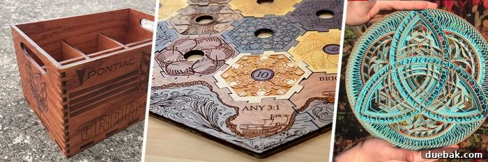Diverse collection of materials including various types of wood, acrylic, and leather samples, demonstrating Glowforge compatibility for both cutting and engraving.