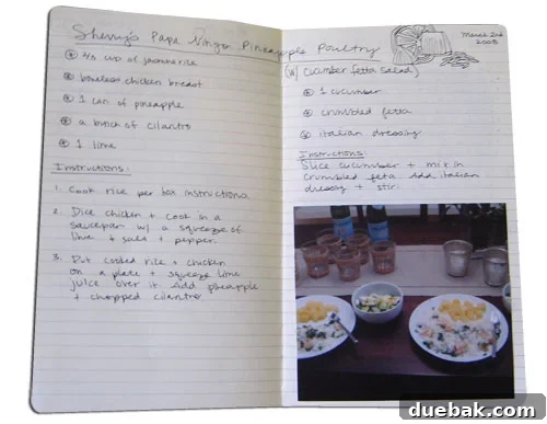 Couple's handmade recipe journal with fabric cover and handwritten recipes