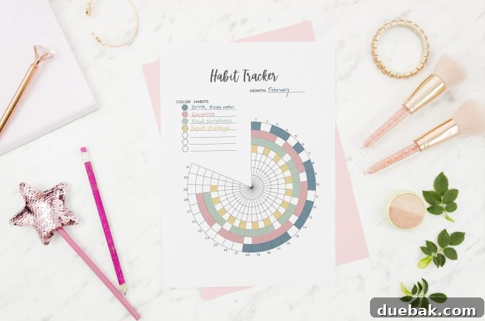 A vibrant, circular printable habit tracker design with multiple segments for different habits, ready to be filled in with colors.