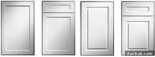 Our Cabinet Choice: Unveiling the KraftMaid Advantage 2 Comparison of Bel Air and Monticello kitchen cabinet door styles. Bel Air on the left has cleaner, more modern lines. Monticello on the right has thicker grooves and rounder edges for a traditional look.