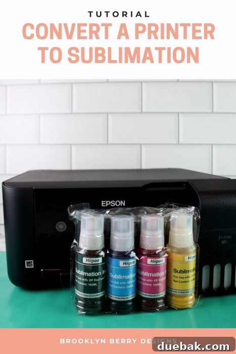 Unlock Sublimation Printing with Your EcoTank 20 Pinterest pin showing a converted Epson EcoTank printer with sublimation ink, a heat press, and various sublimation blanks.