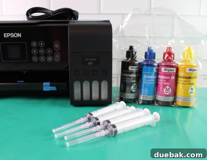 Unlock Sublimation Printing with Your EcoTank 9 Sublimation Ink bottles with syringes and gloves for manual filling.