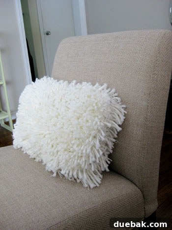 The finished shag rug pillow adding a cozy touch to a living room setting.