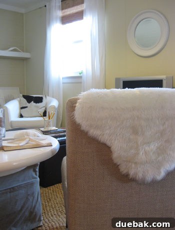 Faux sheepskin throw creating a cozy and inviting look on a slipper chair in a modern den.