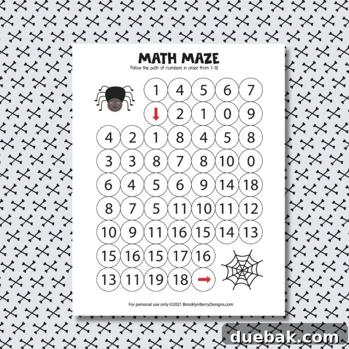 Example of a Halloween maze activity with a friendly spider character trying to reach its web.