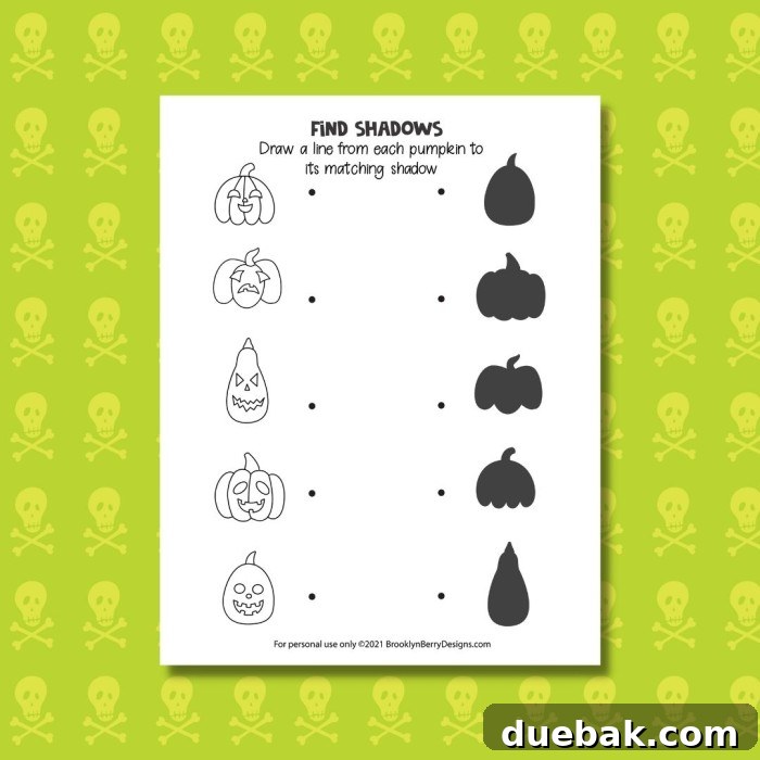 Halloween pumpkin shadow matching game for kids, featuring various pumpkin shapes and their corresponding silhouettes.