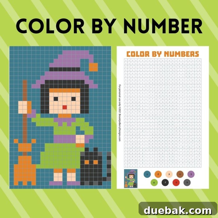 Halloween themed color by number activity page, showing sections marked with numbers corresponding to colors.