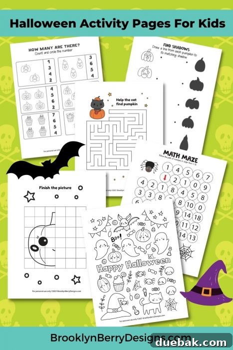 Pinterest graphic for free Halloween printable activities for kids, encouraging users to save for later.
