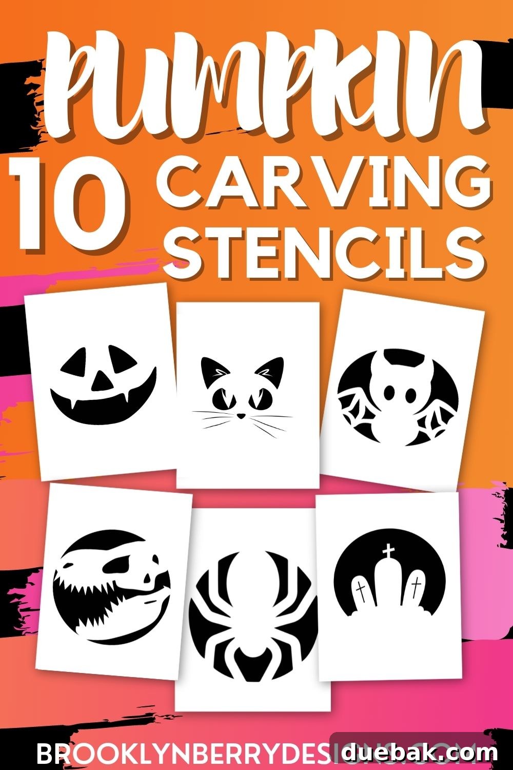 A Pinterest-friendly image displaying various pumpkin carving stencils and finished jack-o'-lanterns, encouraging users to save the idea for later.