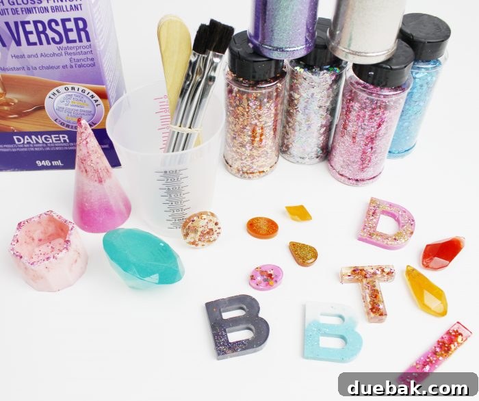 Resin crafting supplies laid out on a table