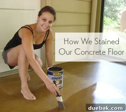 A beautifully stained concrete floor in a sunroom, enhanced with Behr concrete stain applied with a paintbrush, creating a warm and inviting space.