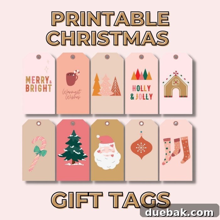 Cute Pink Printable Christmas Gift Tags 2 Close-up of a Christmas gift wrapped in white paper with a blush pink bow and a pink printable Christmas gift tag.