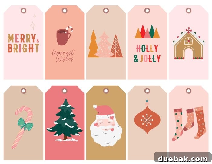 Cute Pink Printable Christmas Gift Tags 4 Assortment of pink, white, and gold Christmas gift tags with various festive designs.