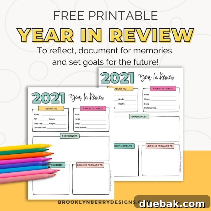 A family gathered around a table with a 'Year in Review' printable, laughing and sharing memories.