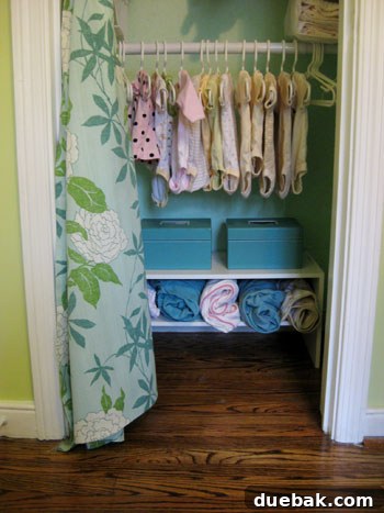 Bottom section of nursery closet with second hanging bar and shoe rack