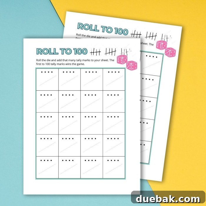 A child playing the Roll to 100 Dice Game with a die and a worksheet.