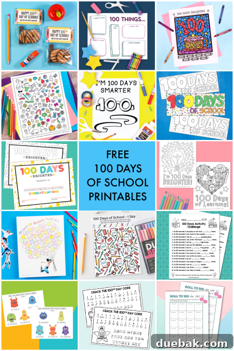 A collage of various 100 Days of School printable designs from different bloggers.