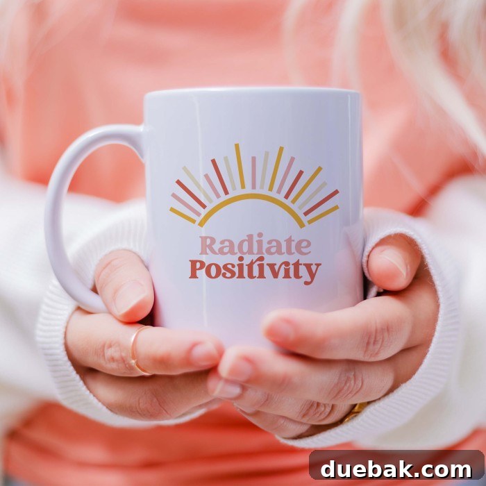 Positive Vibes SVG 2 A woman happily holding a white mug with a vibrant sunshine design and the text 'Radiate Positivity' in a retro font.