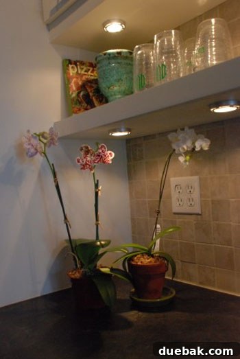 Close-up of the renovated kitchen showcasing sleek horizontal hardware on white cabinet doors and new tiled backsplash.