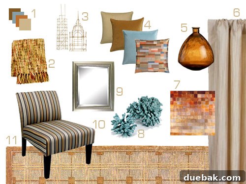 Custom mood board featuring aqua, amber, and neutral tones for a modern and cozy bedroom design.