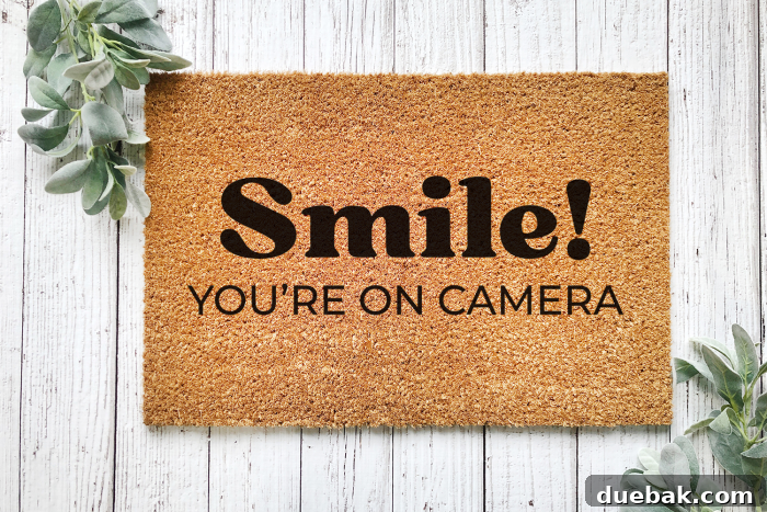 A humorous custom doormat that says 'Smile! You're on Camera!'
