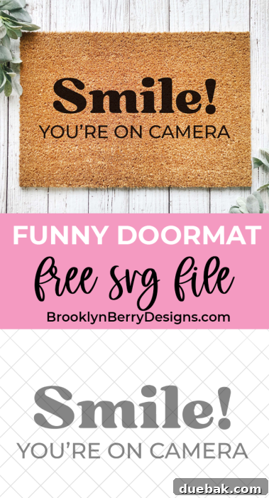 Pinable image featuring the 'Smile! You're on Camera!' doormat design and other SVG ideas.