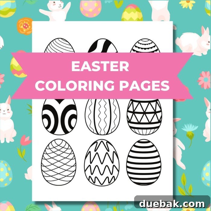 A beautifully designed Easter coloring page featuring bunnies and eggs, ready for printing and coloring.