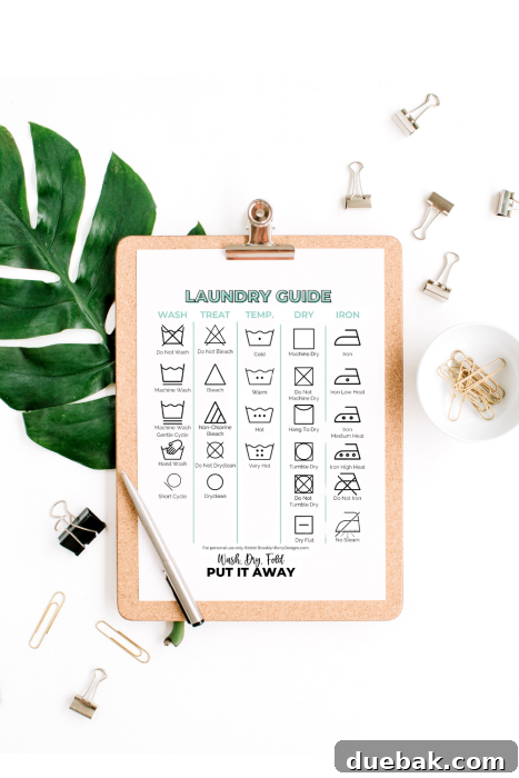 Printable Garment Care Symbols Guide 6 a laundry symbol guide printed out and clipped to a clipboard for easy reference