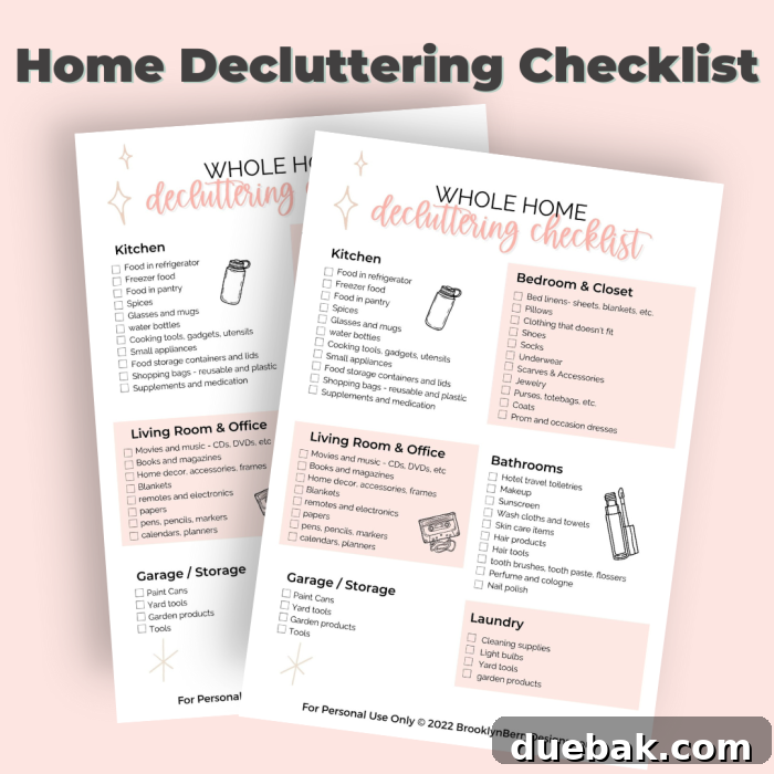 Home decluttering checklist, broken down into categories by room. A visually appealing checklist provides clear steps for decluttering each area of your home, making the process easy to follow and track.