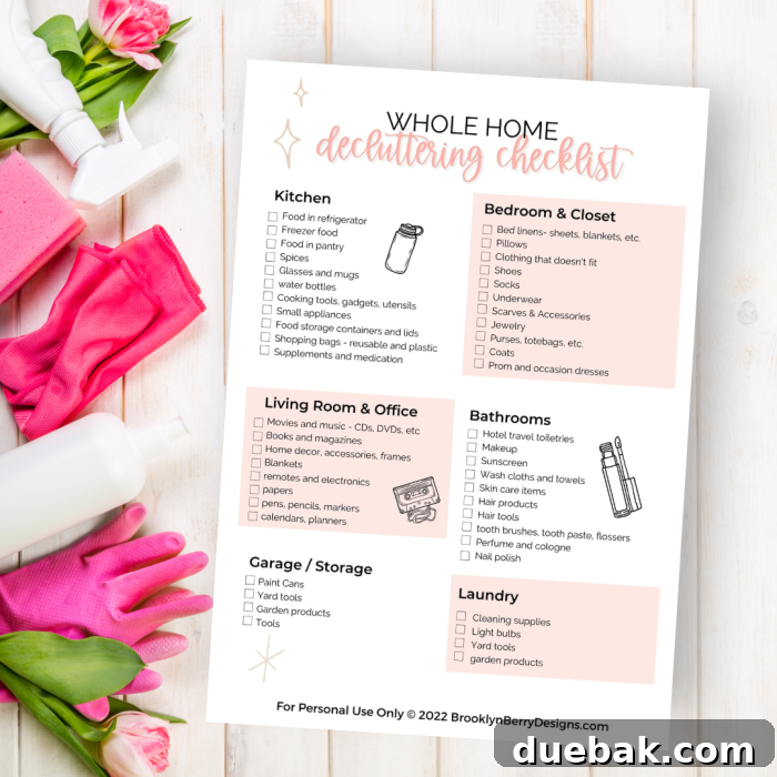 Home decluttering checklist, broken down into categories by room. This detailed checklist breaks down decluttering tasks by specific rooms, offering a clear visual guide for managing household items efficiently.