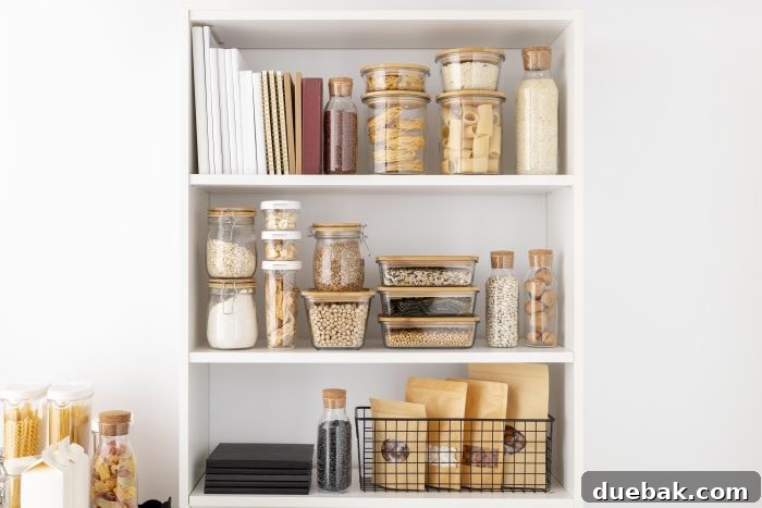 an organized pantry with items in clear containers. A neatly arranged pantry features transparent containers filled with dry goods, maximizing space and visibility for efficient kitchen organization.