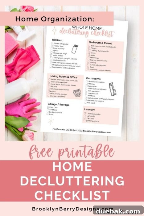 Home decluttering checklist, broken down into categories by room. A clean and organized home is within reach with this comprehensive printable decluttering checklist, designed to guide you through each section of your living space.