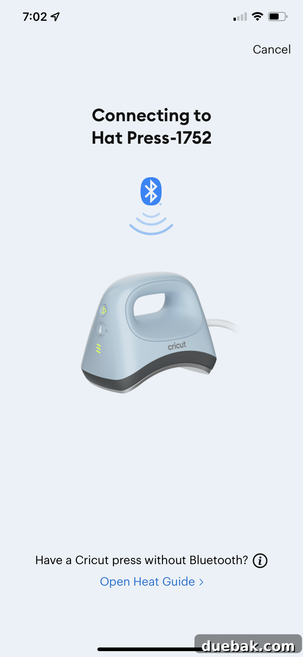 The Ultimate Guide To Cricut Hat Press 12 Cricut Heat app showing recommended pressing time and temperature