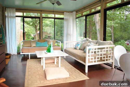 Seamless Corner Curtain Rod Installation 5 Sunroom ceiling after two coats of Behr Tide Pools aqua paint, creating a sky-like effect