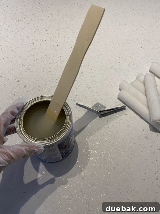Revamp Your Granite Countertops with Paint 19 Applying the clear epoxy sealing coat to the countertop.