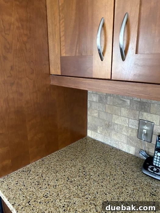Revamp Your Granite Countertops with Paint 5 Detailed shot highlighting the dark color and busy pattern of the granite.