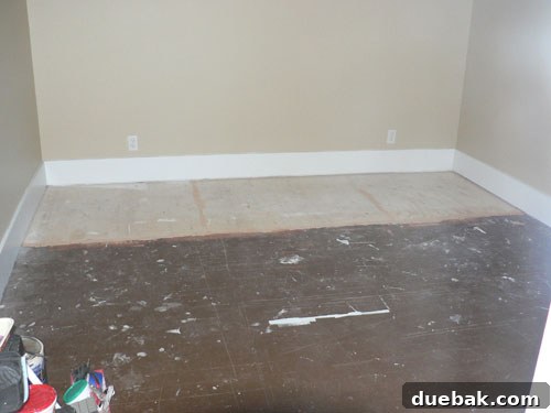 Prepping to paint a wood floor with mixed materials Bedroom floor showing combination of original hardwood and new plywood subfloor after carpet removal, ready for painting