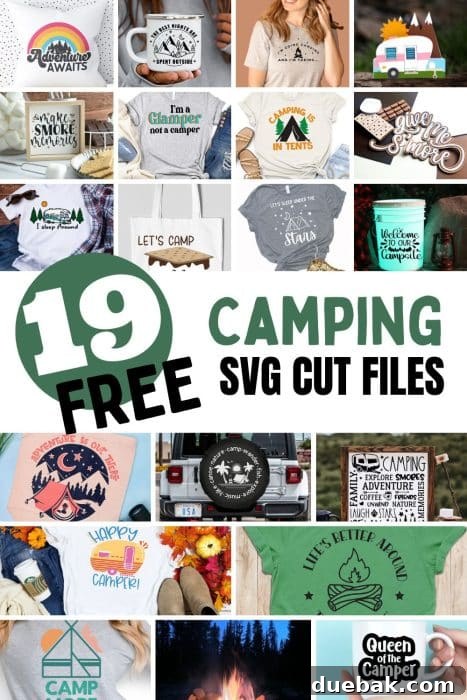 A collage of various free camping-themed SVG designs, showcasing a wide range of styles and motifs for different craft projects.
