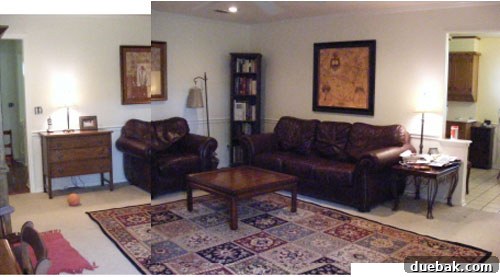 Dated living room before renovation, showing old furniture and decor.
