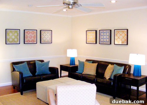 Cozy living room corner with accent chair and decorative table lamp.