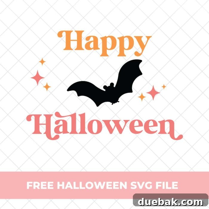 Spooky Halloween Bat SVG 2 Halloween bat design on a wood sign with 'Happy Halloween' text and mid-century style stars.