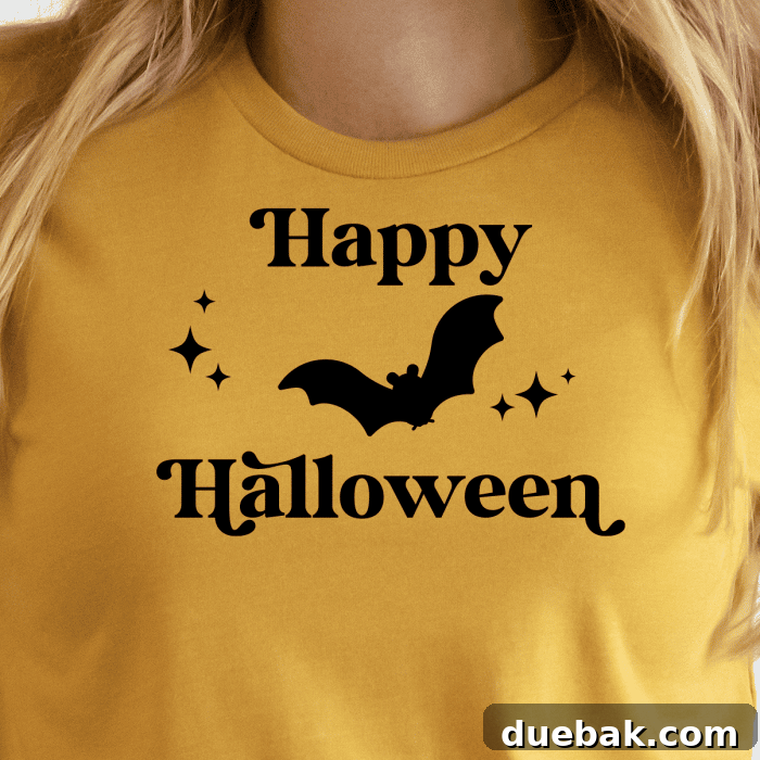 Yellow shirt featuring a 'Happy Halloween' design with a bat and mid-century style stars.