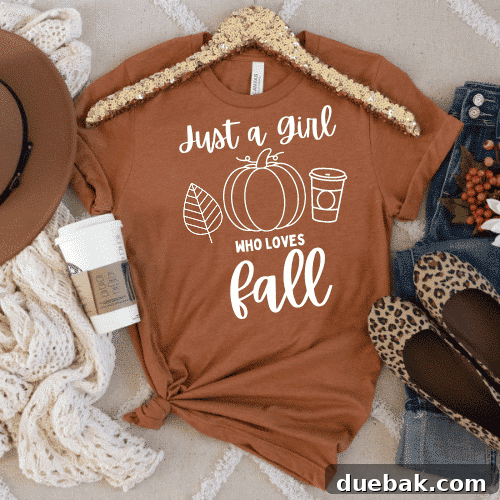 Fall shirt featuring 'Just a Girl Who Loves Fall' text and autumn leaf graphics.