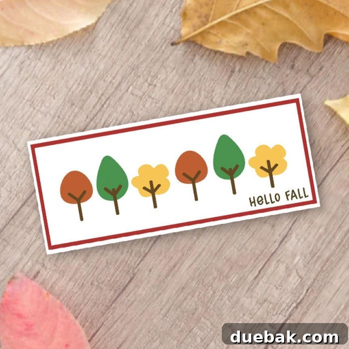 Fall card with intricate tree designs and autumn leaves.