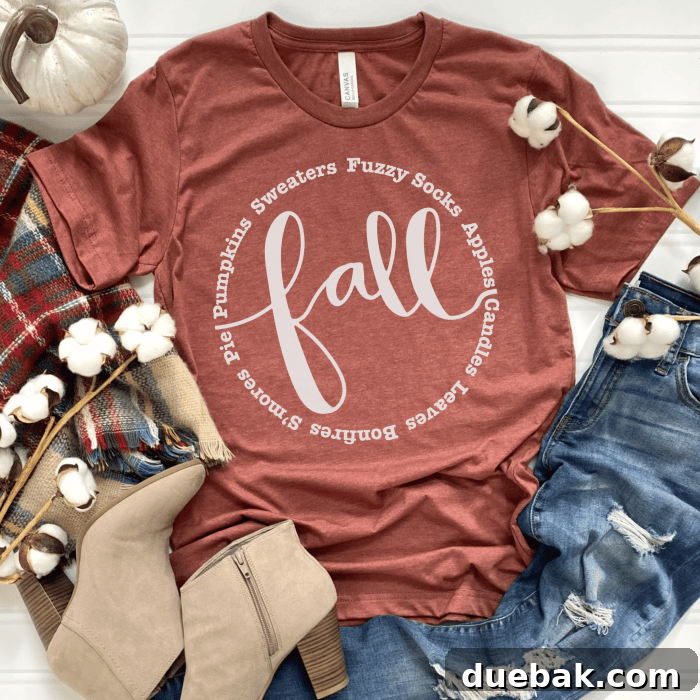 Red shirt featuring a fall-themed circular SVG design with leaves and text.