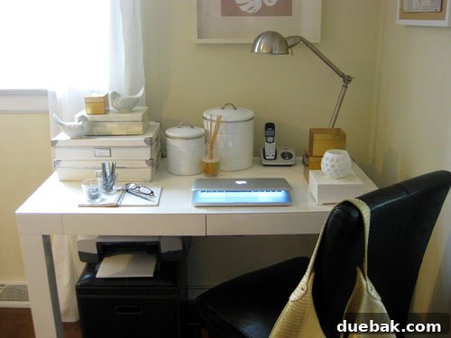 Close-up of metallic-themed desk with storage boxes, a reed diffuser, and ceramic birds.